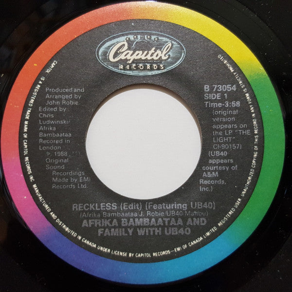 Afrika Bambaataa And Family Featuring UB40 – Reckless - 7" Single, 1987 Vinyl Pursuit Inc