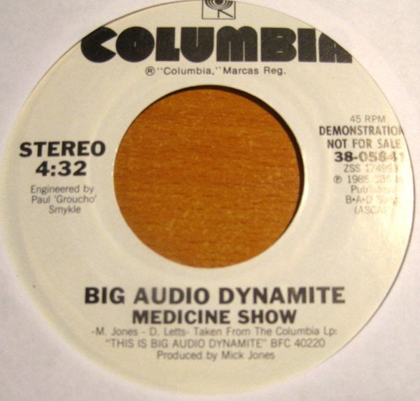 Big Audio Dynamite – Medicine Show -  7" Single, 1985 US PROMO Pressing Vinyl Pursuit Inc