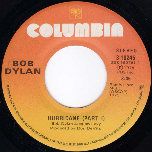 Bob Dylan – Hurricane -  7" Single - 1975 Original Vinyl Pursuit Inc