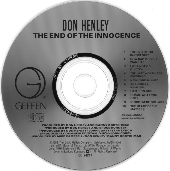 Don Henley - The End Of The Innocence - CD, 1989 Vinyl Pursuit Inc