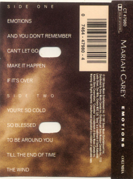 Mariah Carey – Emotions - 1991 Cassette VinylPursuit.com