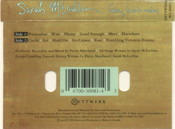 Sarah McLachlan – Fumbling Towards Ecstasy - 1993 Cassette VinylPursuit.com