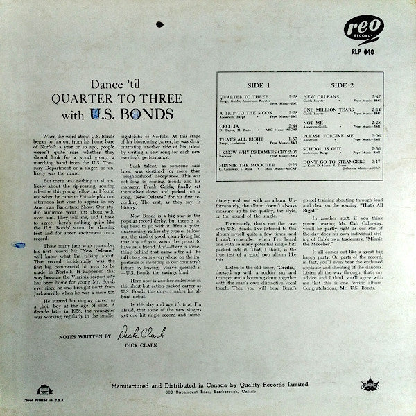 U.S. Bonds – Dance 'Til Quarter To Three With U.S. Bonds - 1961 Mono Pressing VinylPursuit.com