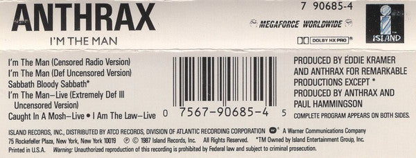Anthrax – I'm The Man - 1987 Cassette VinylPursuit.com