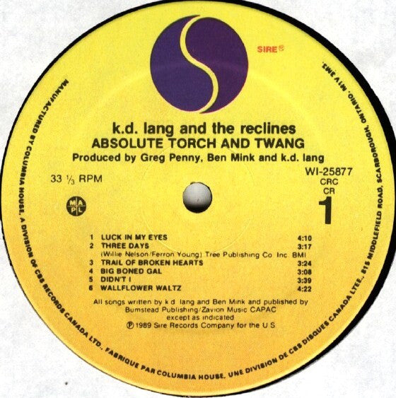 KD Lang and The Reclines – Absolute Torch And Twang - 1989 Pressing Vinyl Pursuit Inc