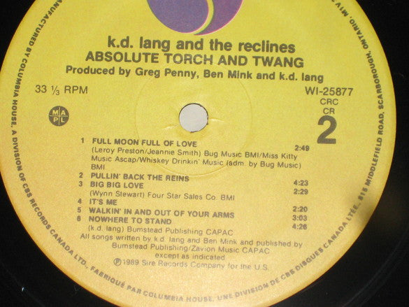 KD Lang and The Reclines – Absolute Torch And Twang - 1989 Pressing Vinyl Pursuit Inc