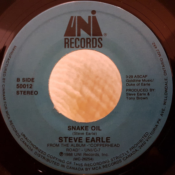 Steve Earle Copperhead Road 7" Single, 1988 Vinyl Pursuit Inc