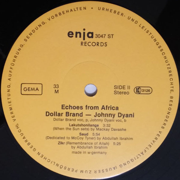 Abdullah Ibrahim / Dollar Brand, Johnny Dyani – Echos From Africa - 1979 German Pressing Vinyl Pursuit Inc