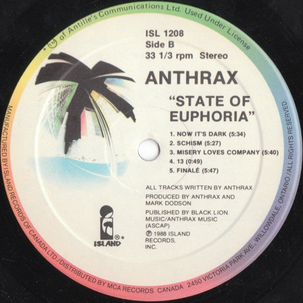 Anthrax State Of Euphoria 1988 Original Vinyl Pursuit Inc