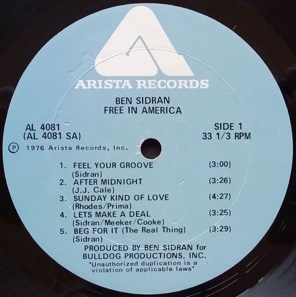 Ben Sidran – Free In America - 1976 US Pressing VinylPursuit.com