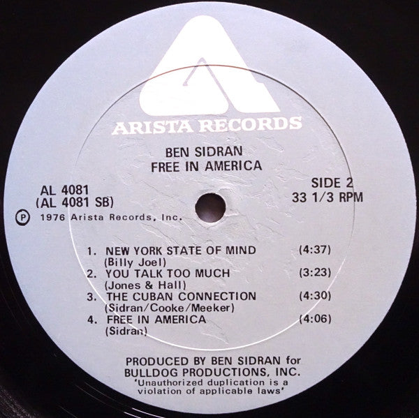 Ben Sidran – Free In America - 1976 US Pressing VinylPursuit.com