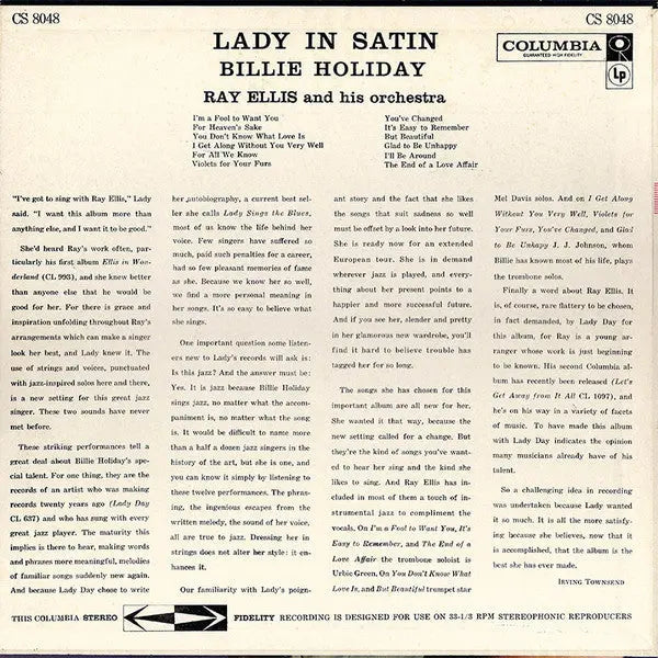 Lady in Satin - Billie Holiday With Ray Ellis And His Orchestra - 1958 US Original, RARE Vinyl Pursuit Inc