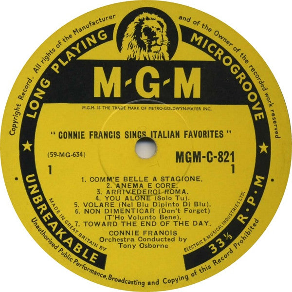 Connie Francis – Sings Italian Favorites UK Pressing VinylPursuit.com