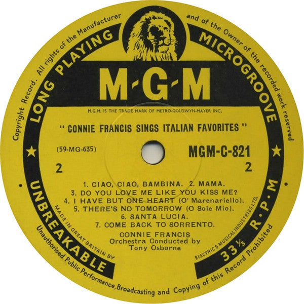 Connie Francis – Sings Italian Favorites UK Pressing VinylPursuit.com