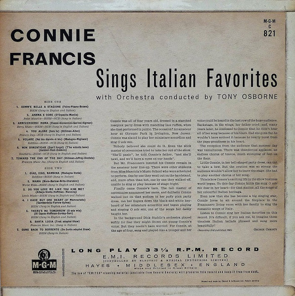 Connie Francis – Sings Italian Favorites UK Pressing VinylPursuit.com