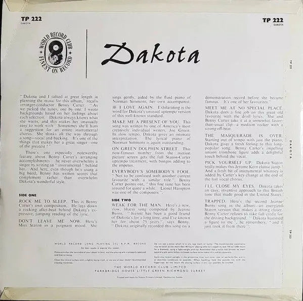 Dakota Staton – Dakota - UK 1962 Original Pressing Vinyl Pursuit Inc
