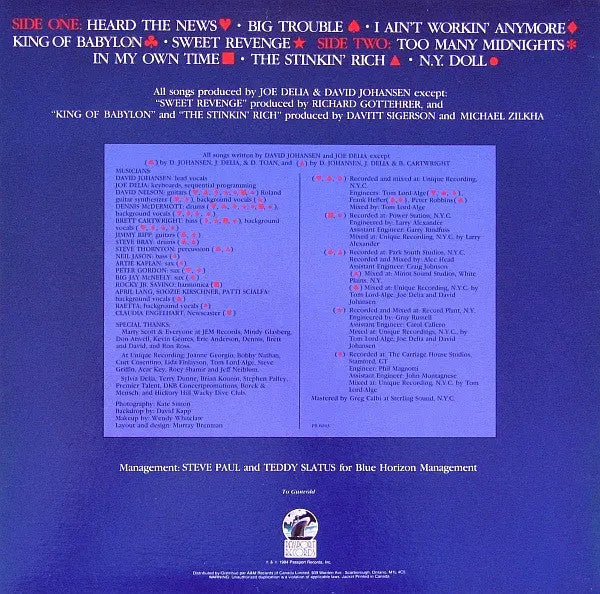 David Johansen – Sweet Revenge - 1984 Original Vinyl Pursuit Inc