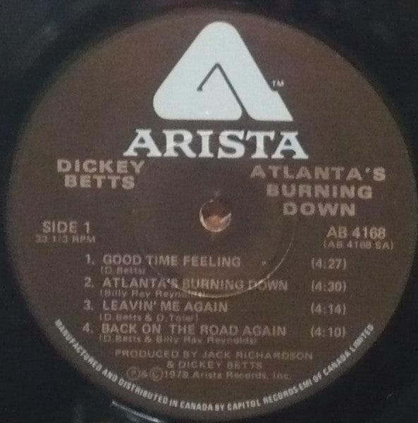Dickey Betts & Great Southern – Atlanta's Burning Down - 1978 Original Pressing Vinyl Pursuit Inc