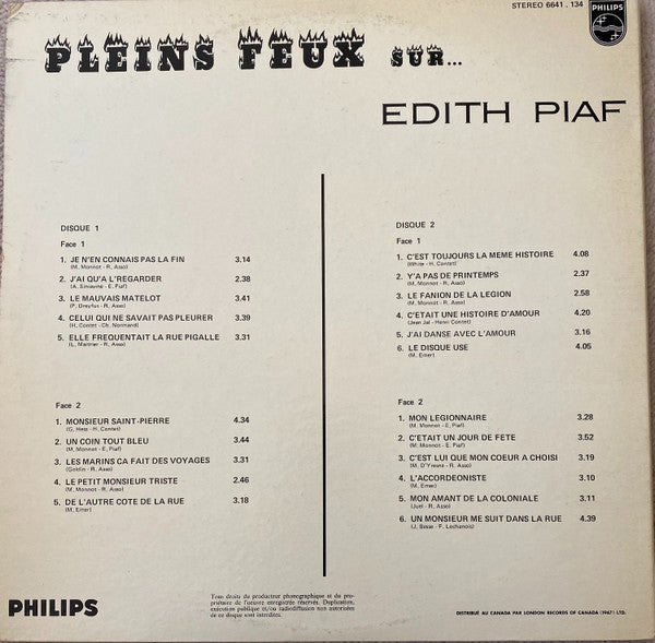 Edith Piaf – Pleins Feux Sur Edith Piaf - Double Album! Vinyl Pursuit Inc