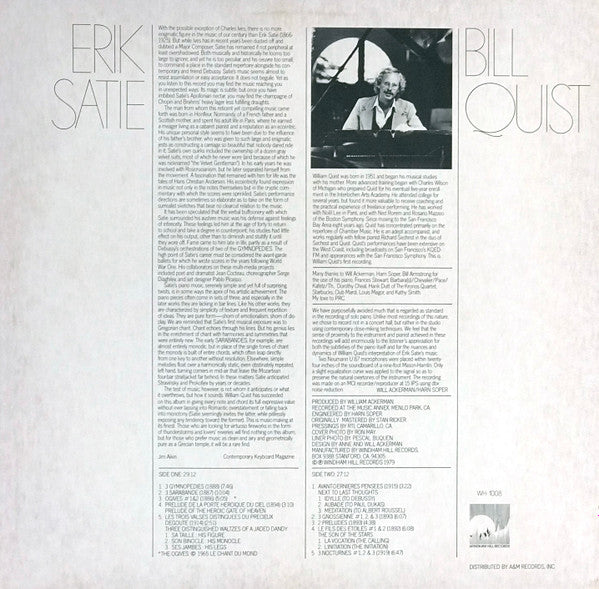 Erik Satie - Bill Quist – Piano Solos Of Erik - 1982 US Original Vinyl Pursuit Inc