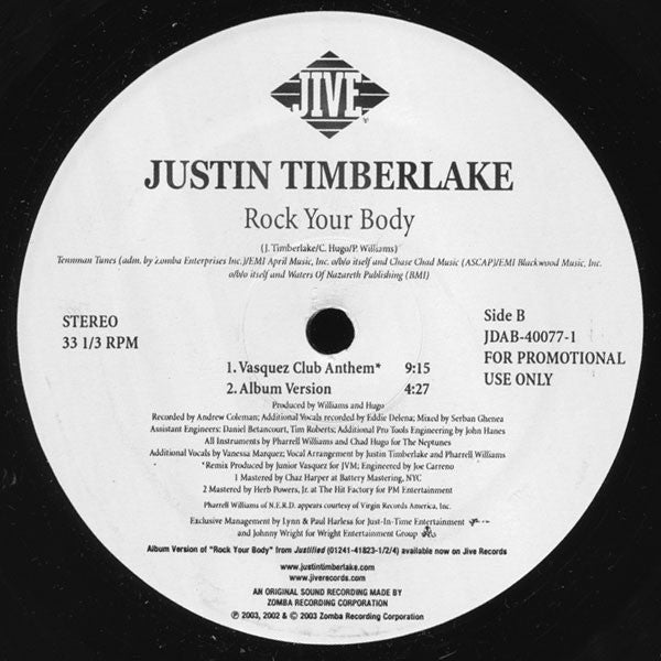 Justin Timberlake – Rock Your Body - US Original Promo Pressing Vinyl Pursuit Inc