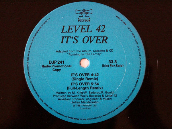 Level 42 – It's Over - 1987 Rare Promo Pressing! Vinyl Pursuit Inc