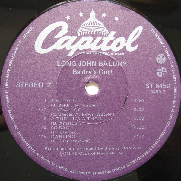 Long John Baldry – Baldry's Out! -  1979 Original Vinyl Pursuit Inc