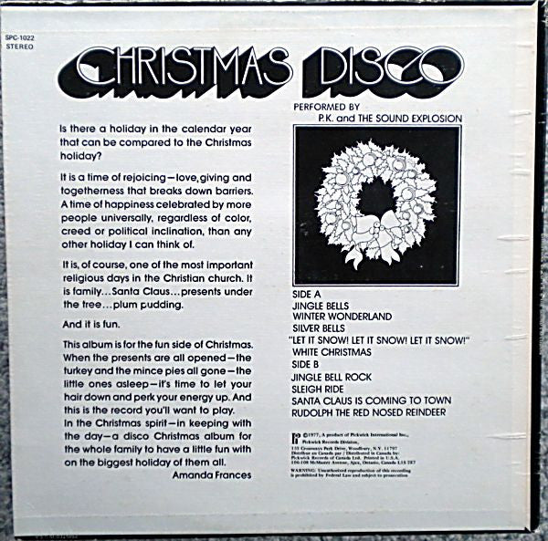 Christmas Disco -  P.K. And The Sound Explosion – 1977 Original Pressing - Missing 2nd Record Vinyl Pursuit Inc