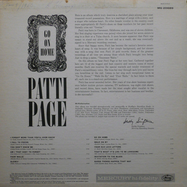 Patti Page – Go On Home - 1962 MONO Original! Vinyl Pursuit Inc