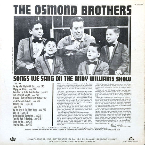 The Osmond Brothers – Songs We Sang On The Andy Williams Show - 1963 Original Pressing Vinyl Pursuit Inc