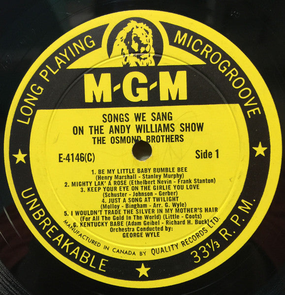 The Osmond Brothers – Songs We Sang On The Andy Williams Show - 1963 Original Pressing Vinyl Pursuit Inc