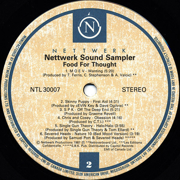 Nettwerk Sound Sampler (Food For Thought) -  1987 Original Vinyl Pursuit Inc