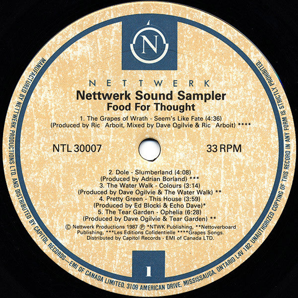 Nettwerk Sound Sampler (Food For Thought) -  1987 Original Vinyl Pursuit Inc