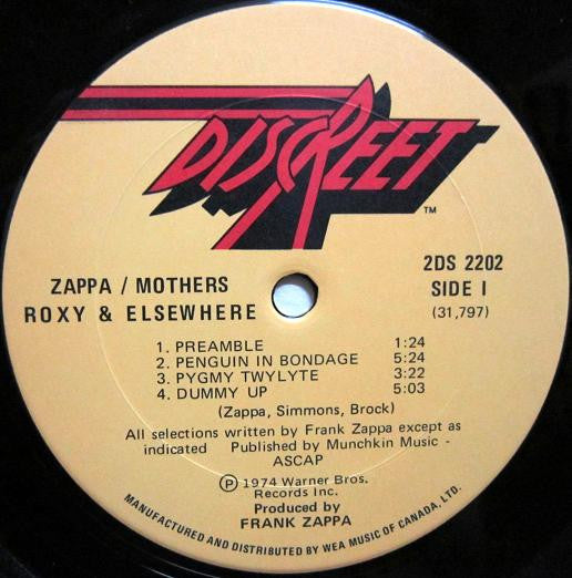 Zappa / Mothers – Roxy and Elsewhere - 974 Original Pressing Vinyl Pursuit Inc