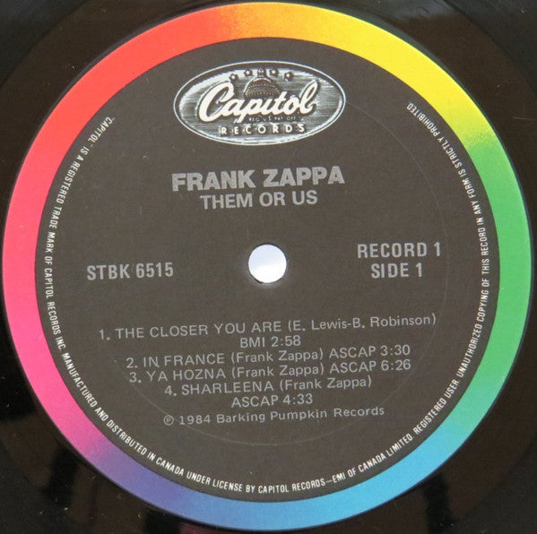 Zappa – Them Or Us - 1984 Origina! Vinyl Pursuit Inc