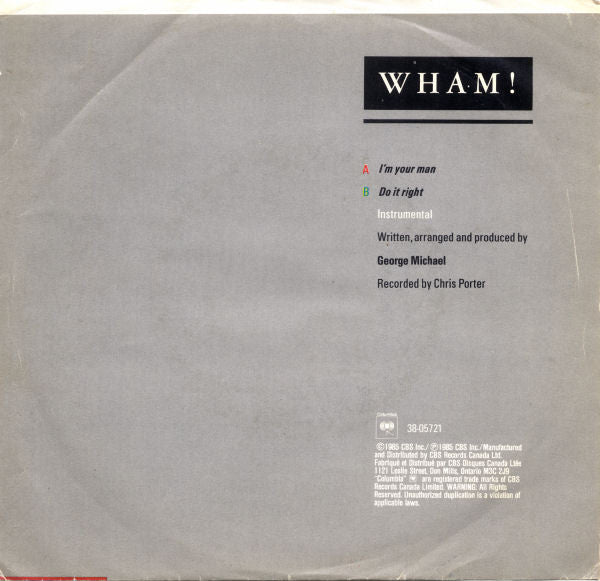 Wham! – I'm Your Man - 7" Single Vinyl Pursuit Inc