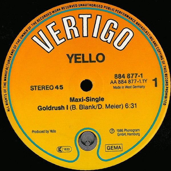 Yello – Goldrush -  7" Single - 1986 German Pressing! Vinyl Pursuit Inc