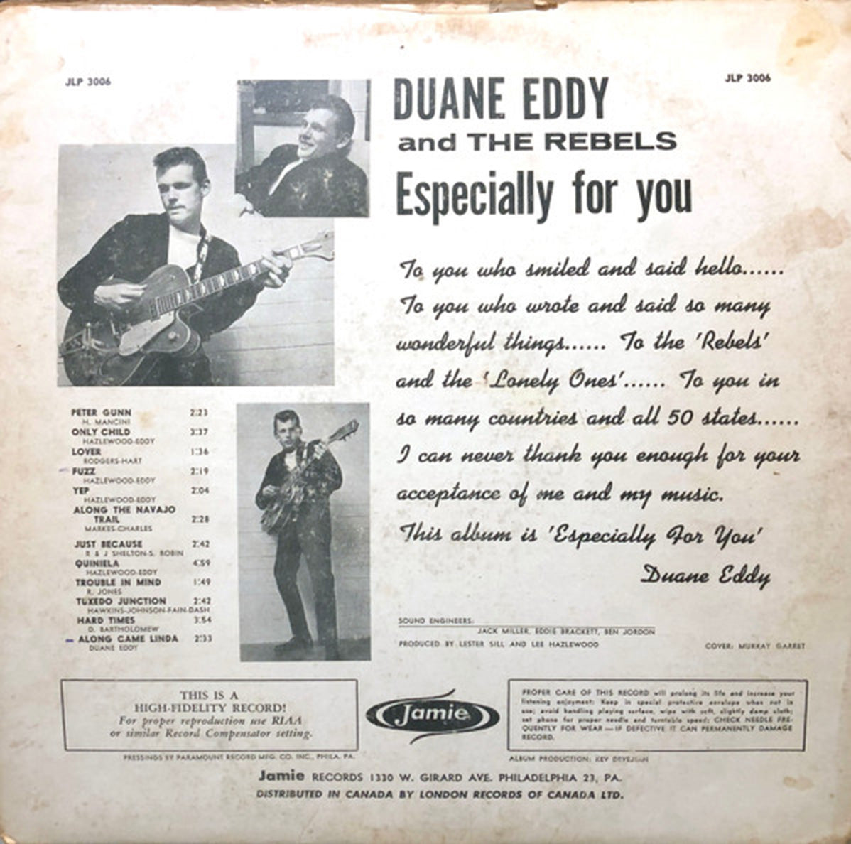 Duane Eddy His "Twangy" Guitar And The Rebels – Especially For You - 1959 MONO Vinyl Pursuit Inc