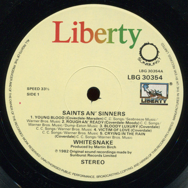 Whitesnake – Saints & Sinners - UK Pressing – Vinyl Pursuit Inc