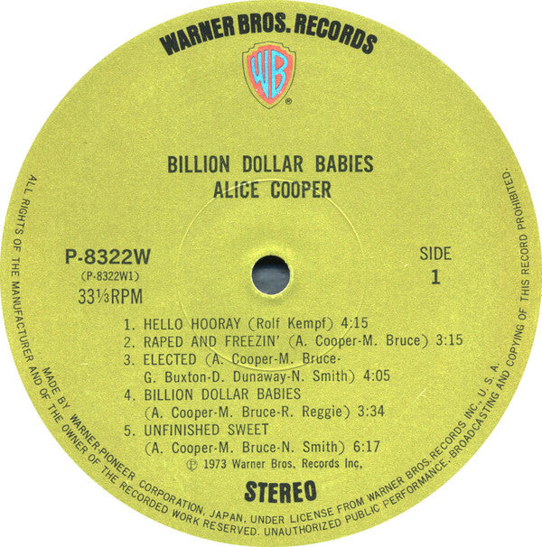 Alice Cooper ‎– Billion Dollar Babies - 1983 Japanese Original, COMPLETE!!