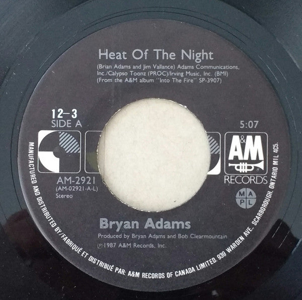 Bryan Adams – Heat Of The Night -  7" Single, 1987