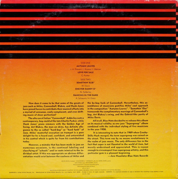 Cannonball Adderley with Miles Davis, Sam Jones, Hank Jones, Art Blakey – Somethin' Else - 1973 Pressing