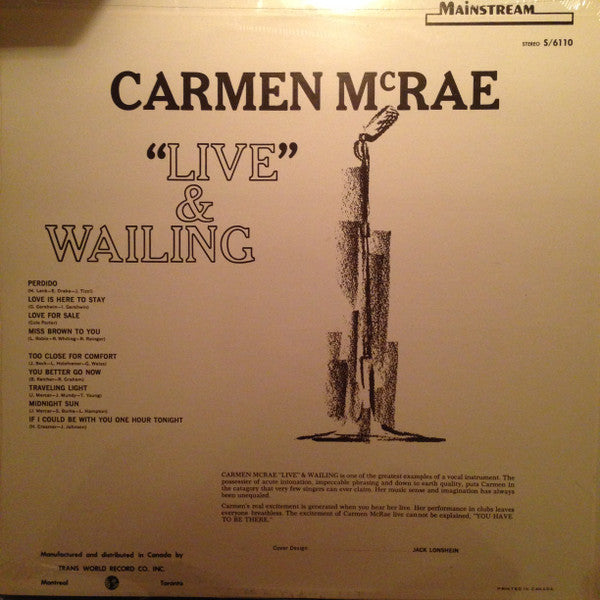 Carmen McRae ‎– "Live" and Wailing - 1968 Original in Shrinkwrap VinylPursuit.com