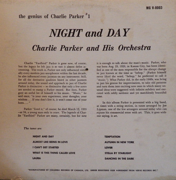 Charlie Parker And His Orchestra – Night And Day - 1957 MONO Verve Pressing