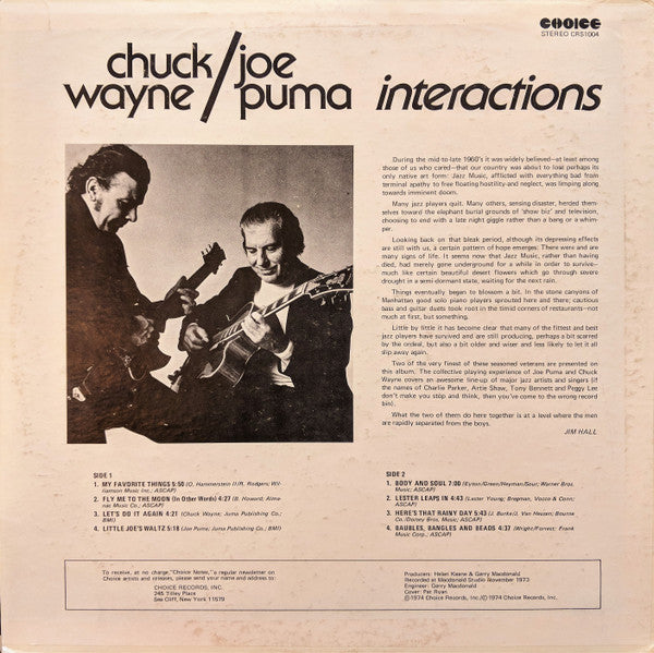 Chuck Wayne / Joe Puma ‎– Interactions - 1974 Original, Bargain! VinylPursuit.com