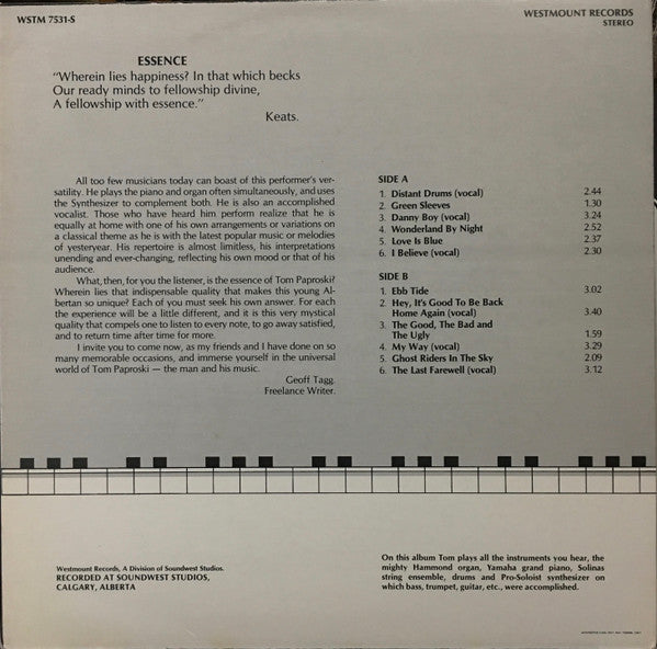 Tom Paproski – Essence - 1974 Vinyl Pursuit Inc