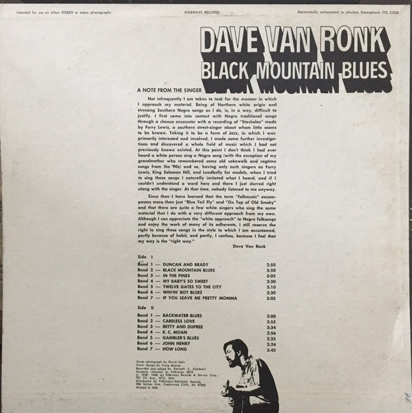 Dave Van Ronk – Black Mountain Blues - 1968 Folkways Pressing