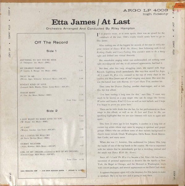 Etta James – At Last! - 1961 Rare MONO Original!