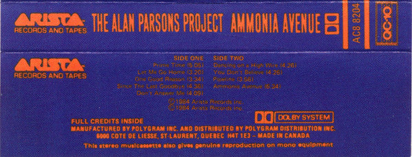 The Alan Parsons Project – Ammonia Avenue - 1984 Cassette