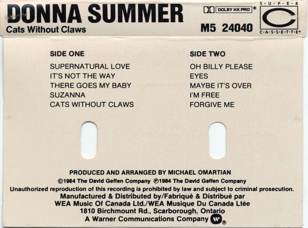 Donna Summer – Cats Without Claws - 1984 Cassette